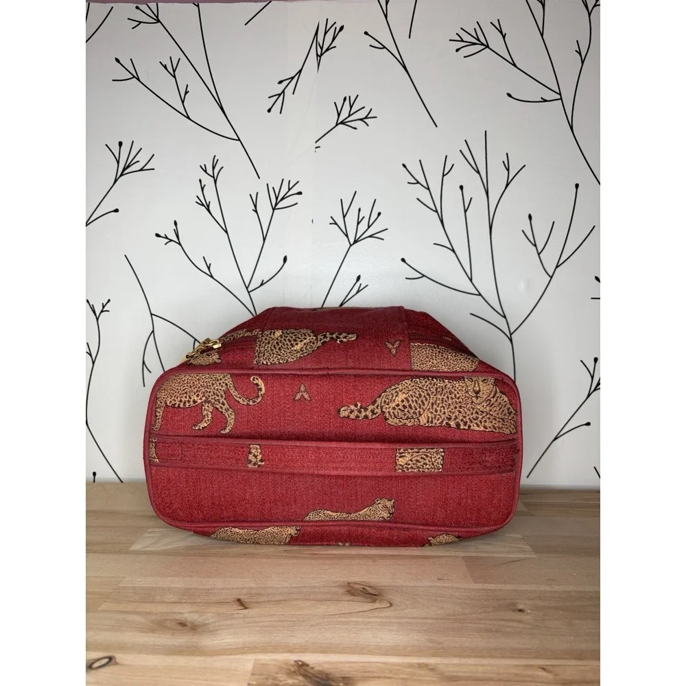 VTG Red Cheetah Print Fabric Makeup Bag & Case Set with Zipper and Handle